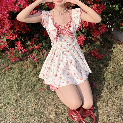 Flying Sleeve Floral Plaid Dress