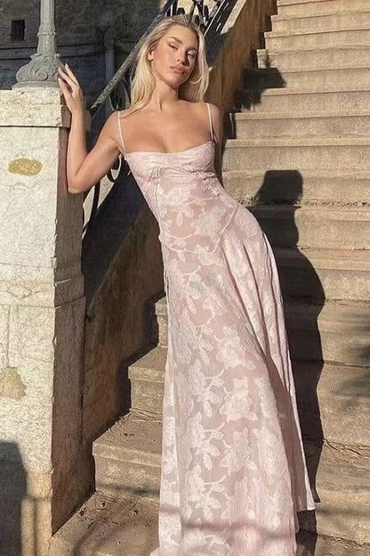 See-through fishbone suspender floral dress