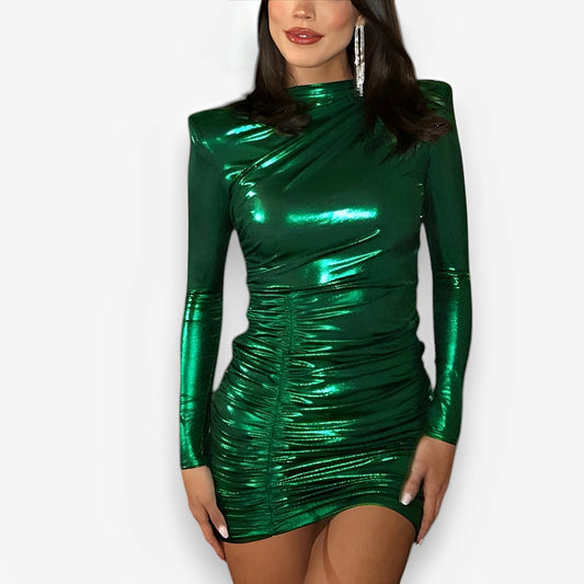 Pleated long-sleeved hip dress