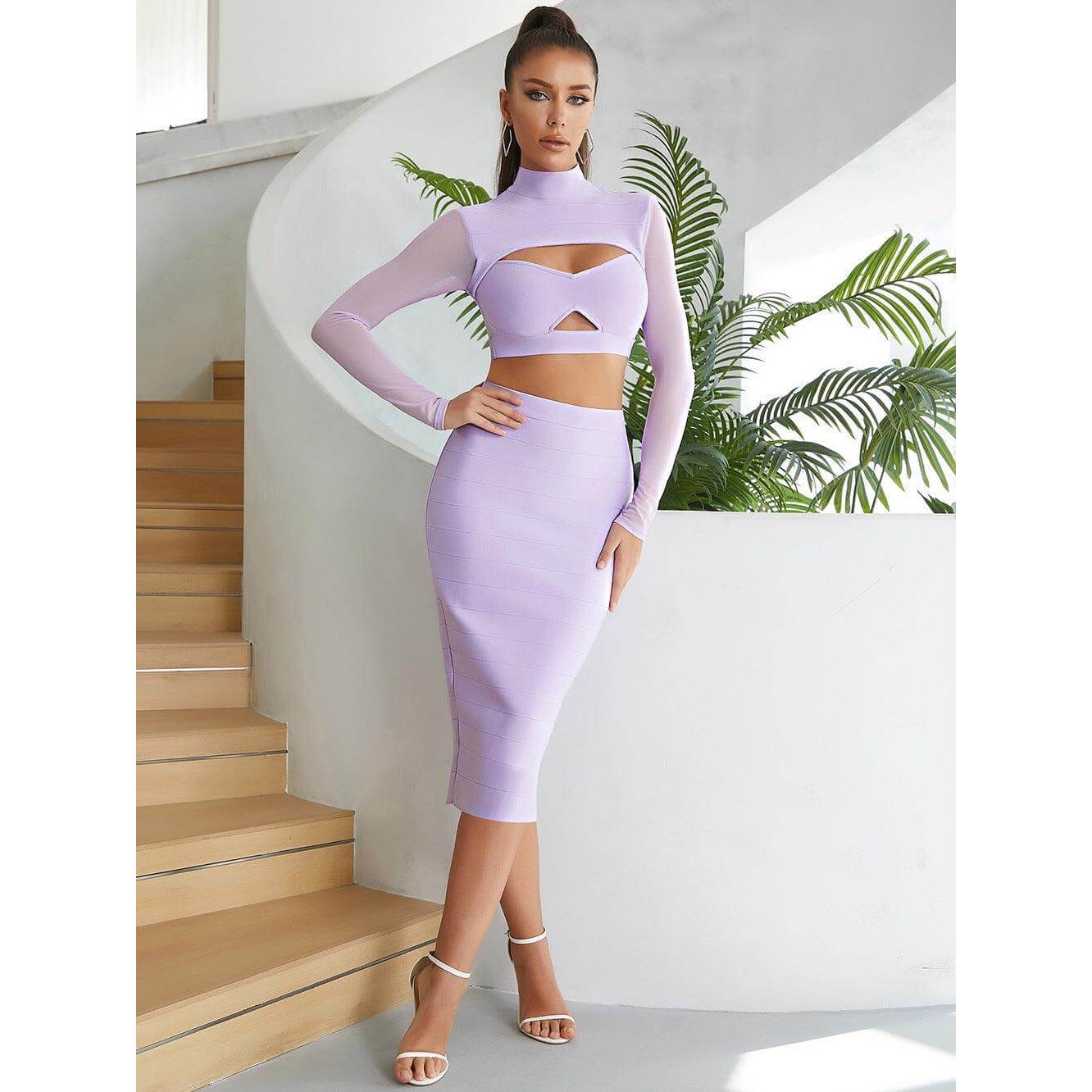 Sexy hollow mesh long-sleeved slim skirt Dress