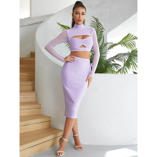 Sexy hollow mesh long-sleeved slim skirt Dress