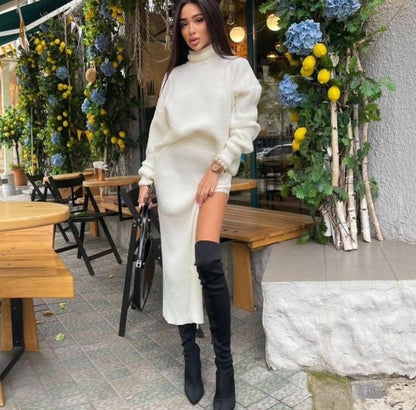 fall fashion trends Hot Sale Autumn and Winter New Turtleneck Loose Pullover Top Split Sexy Long Skirt Two-Piece Set