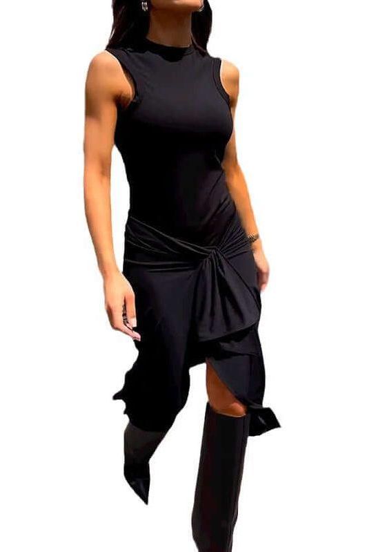 sleeveless black tight pleated dress