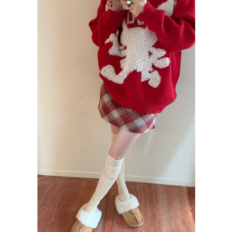 Plus Size Wool Plaid High Waist Christmas Skirt