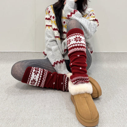 Snowflake Red Knit Warm Slouchy Christmas Leg Warmers