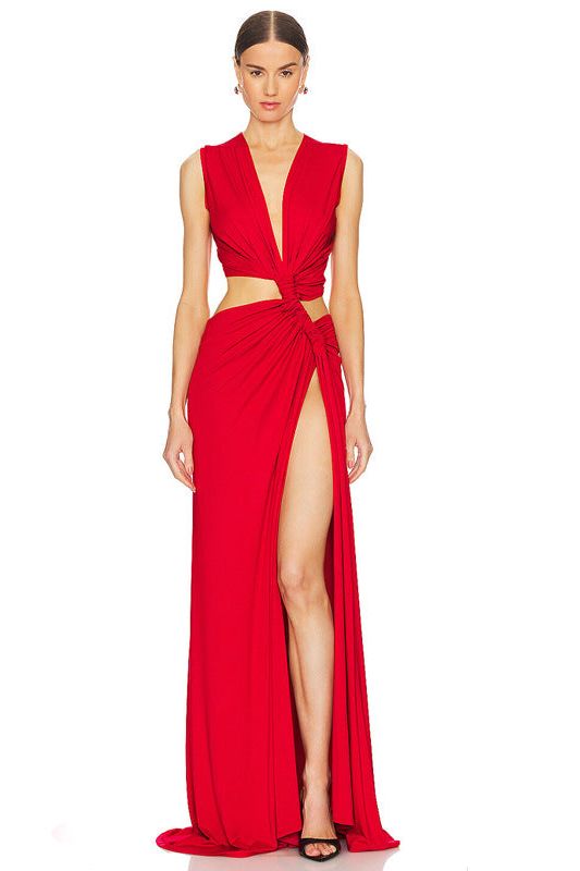 Deep V Hollow Slit Slim Long Dress