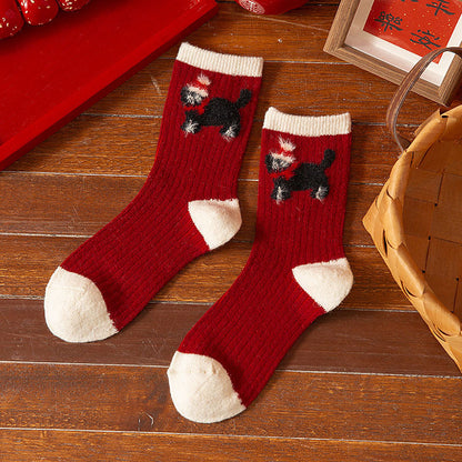 Thick Wool Red Cute Mid Calf Christmas Socks