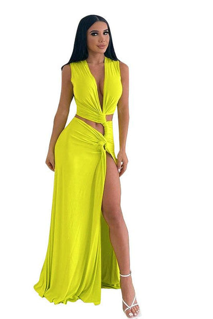 Deep V Hollow Slit Slim Long Dress