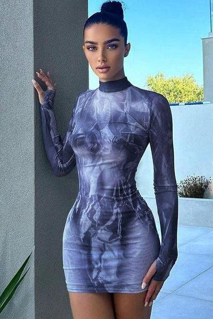 Printed slim round neck hip dress