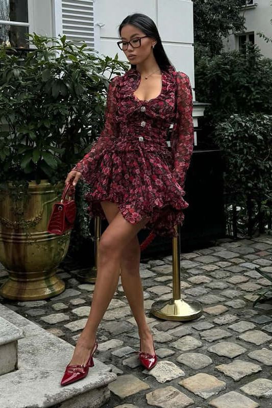 Floral Deep Neck Long Sleeve Mini Dress