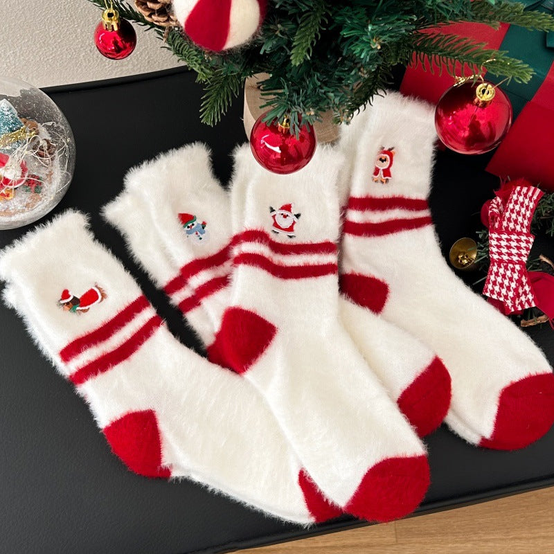 Thick Plush Embroidered Red Mid Calf Christmas Socks