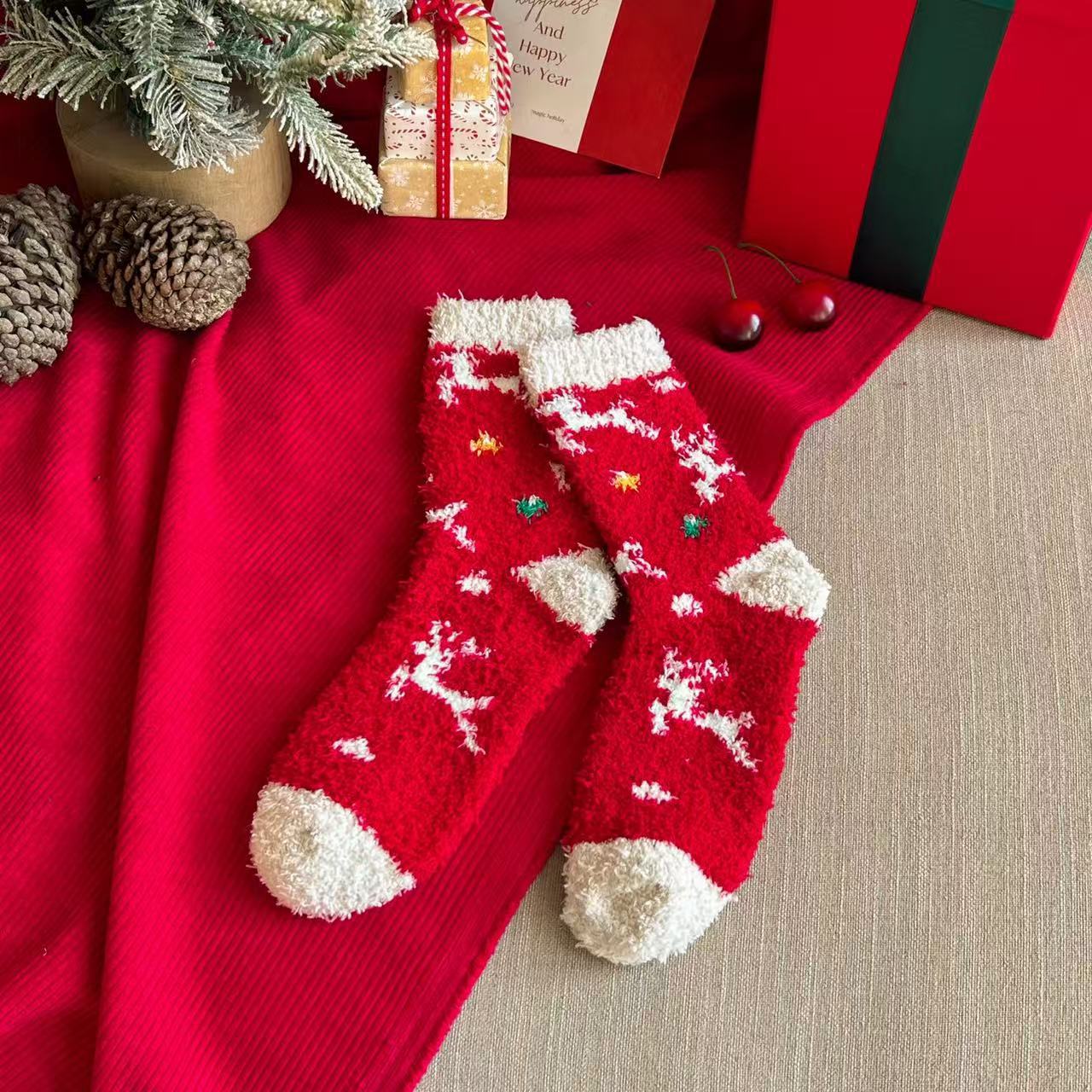 Cute Cartoon Fuzzy Coral Fleece Cozy Sleep Christmas Socks