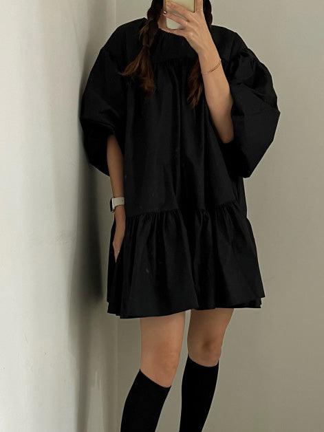 VibeMartini-Simple Crew Neck Pleated Casual Balloon Sleeve Dress