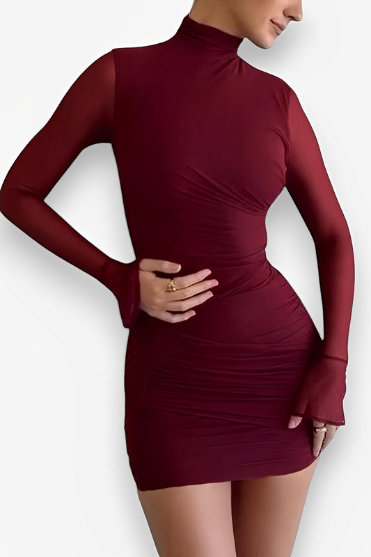 Sexy high-neck flared long-sleeved dress