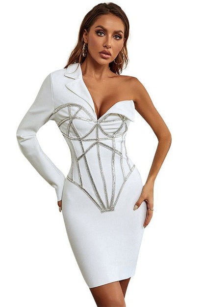 One-shoulder diamond-encrusted party dress