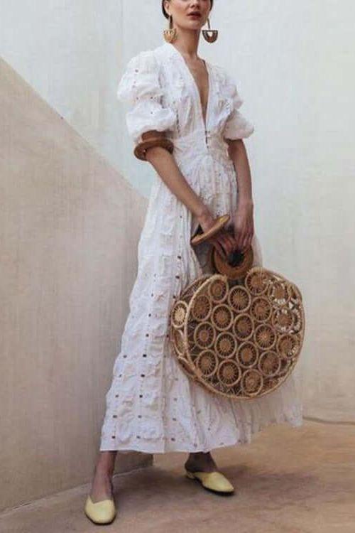 Bubble Sleeve Lace Hollow maxi dress