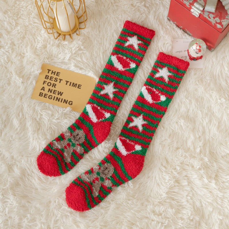 Thick Coral Fleece Reindeer Snowman High Top Christmas Socks