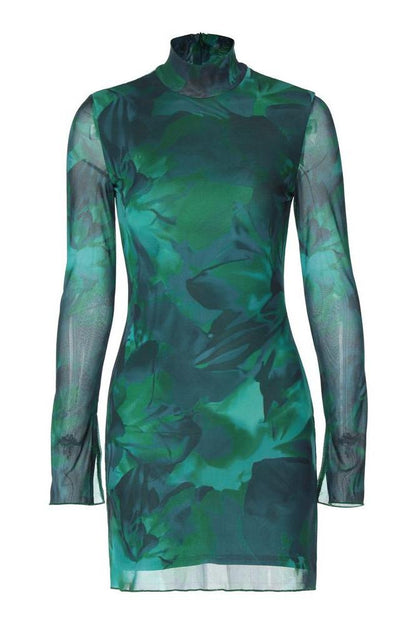 Mesh printed long-sleeved slim dress