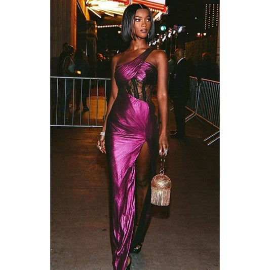 Retro Lace Stitching Irregular Shoulder Slit Slim Dress