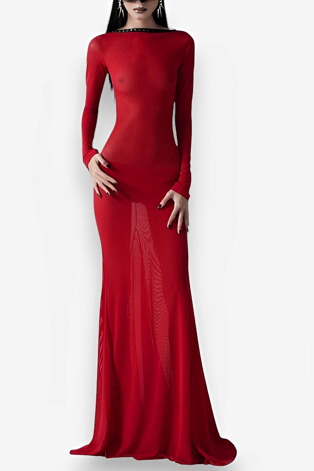 Backless strappy long-sleeved extra-long dress