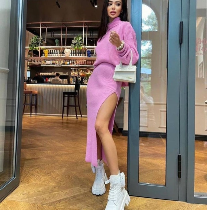 fall fashion trends Hot Sale Autumn and Winter New Turtleneck Loose Pullover Top Split Sexy Long Skirt Two-Piece Set