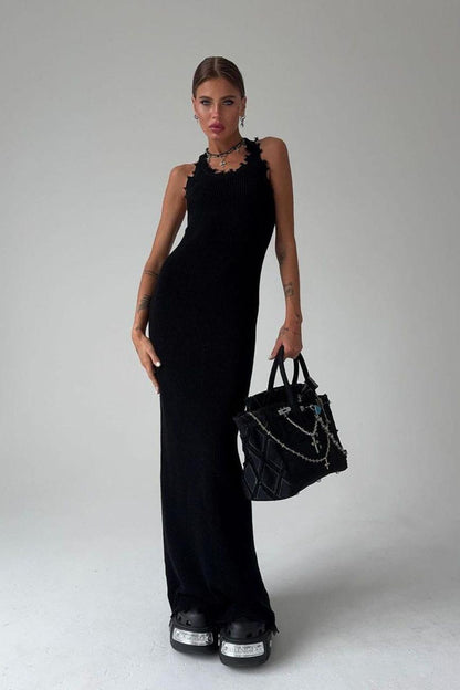 Suspender Sleeveless Ripped Long Dress