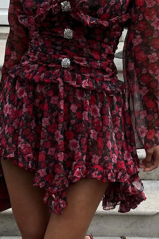 Floral Deep Neck Long Sleeve Mini Dress