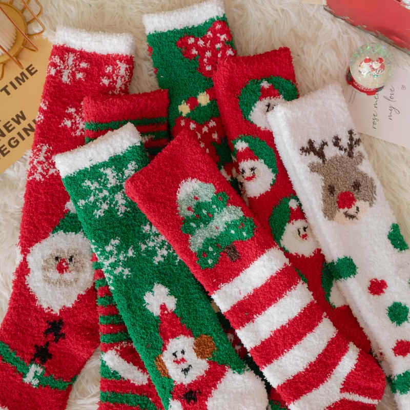 Coral Fleece Non Slip Thick Reindeer Snowman Knee High Christmas Socks
