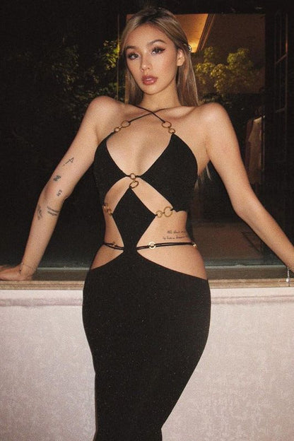 Low-Cut Halter Neck Suspender Backless Slit Dress