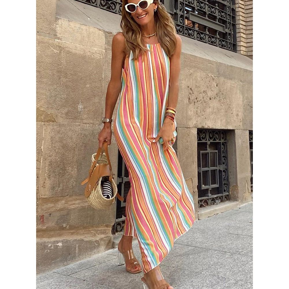 Striped Suspender Bohemian Long Dress