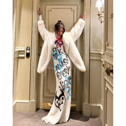 Graffiti Long Sleeve Cover Up Hip Tight Maxi Dress