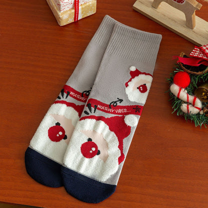 Cartoon Moose Santa Mid-Calf Crew Straight Christmas Socks