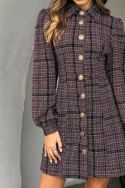 Retro Lapel Puff Sleeve Waist Slim Dress