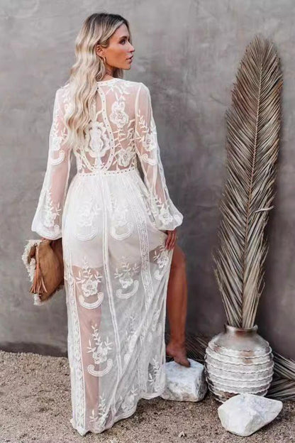 V-Neck Embroidery Lace Long Dress