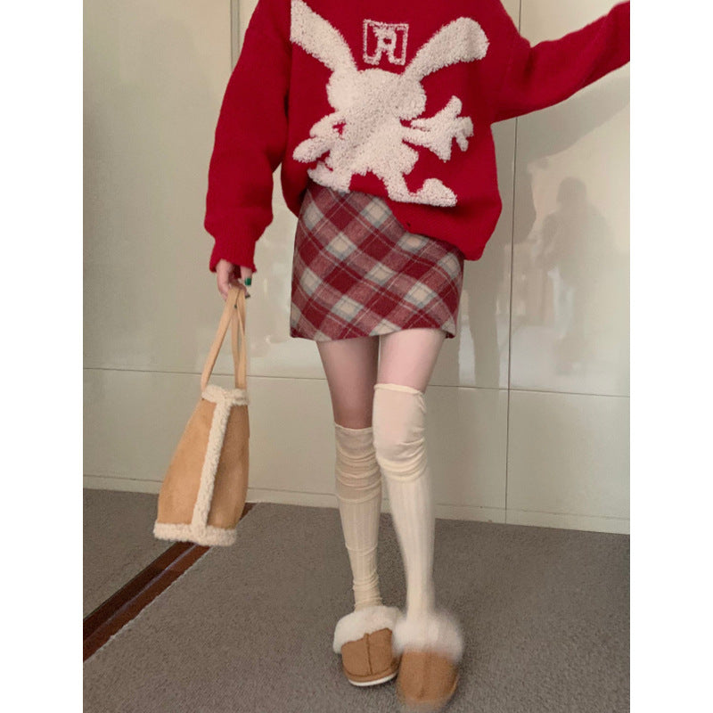 Plus Size Wool Plaid High Waist Christmas Skirt