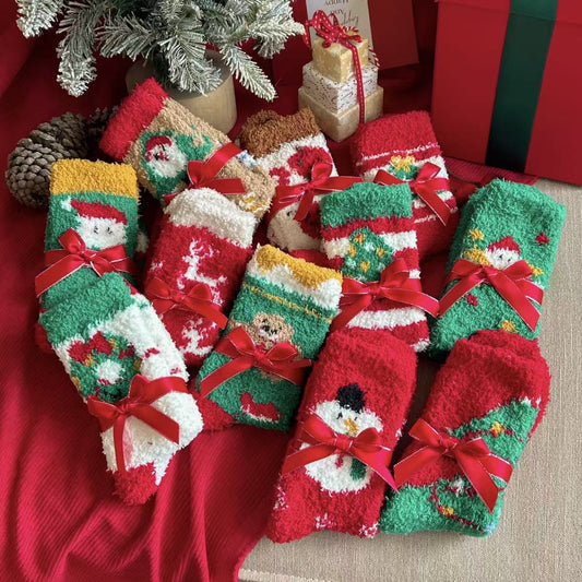 Cute Cartoon Fuzzy Coral Fleece Cozy Sleep Christmas Socks
