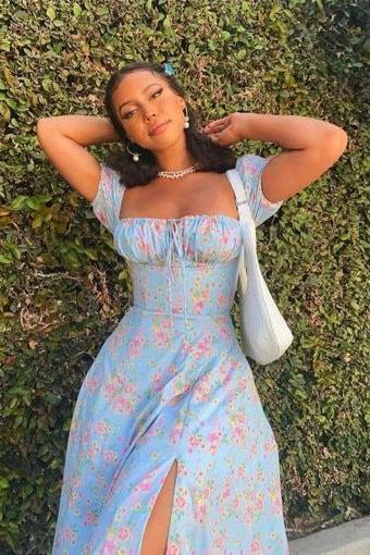 French Floral Printed Backless Long Dress