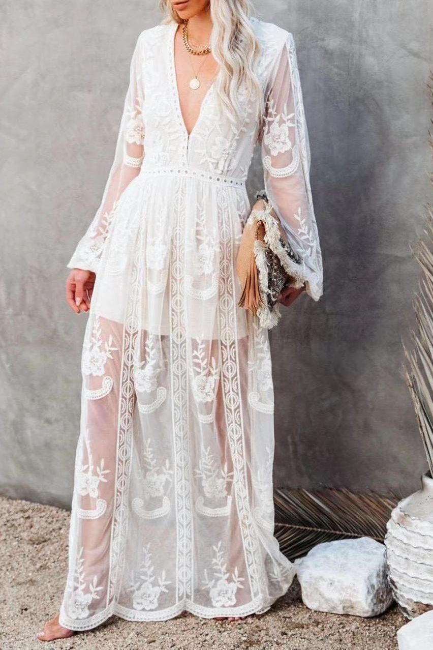 V-Neck Embroidery Lace Long Dress