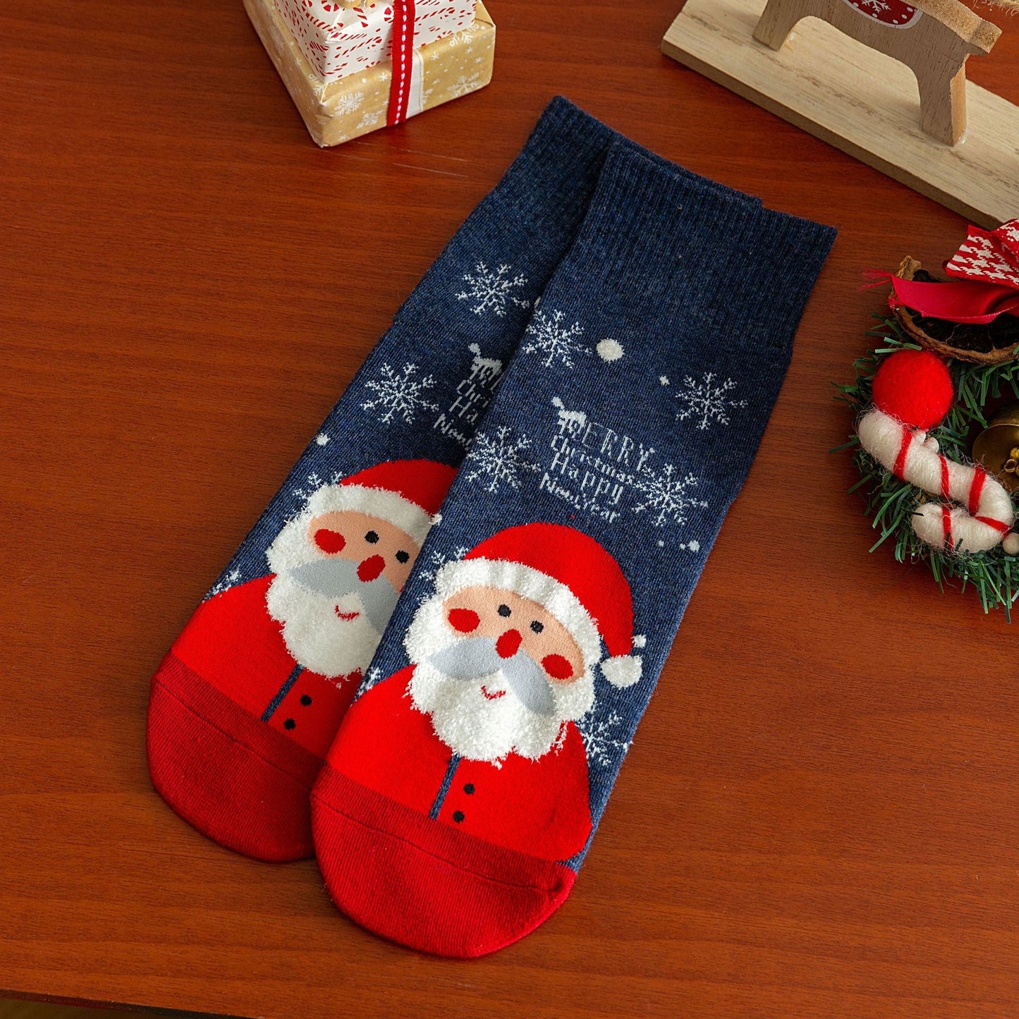 Cartoon Moose Santa Mid-Calf Crew Straight Christmas Socks