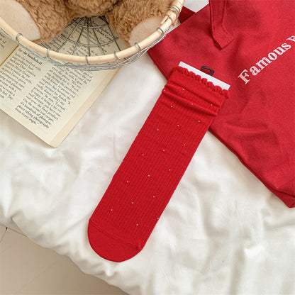 Slouchy Red Combed Cotton Mid Calf Chic Christmas Socks