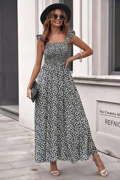 Olive Floral Square Collar Dress