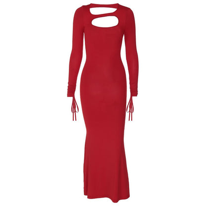 Long-sleeved pleated hollow backless dress