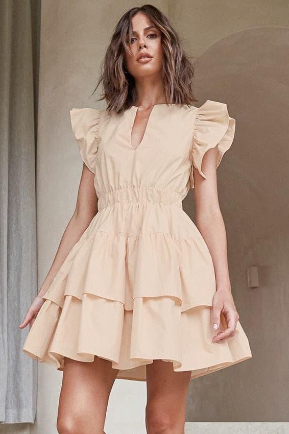 Hollow cake skirt U-neck lotus leaf sleeves cotton dress