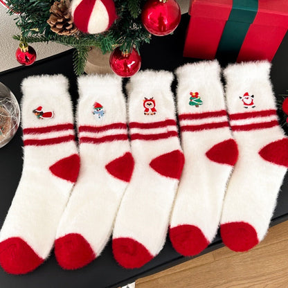Thick Plush Embroidered Red Mid Calf Christmas Socks