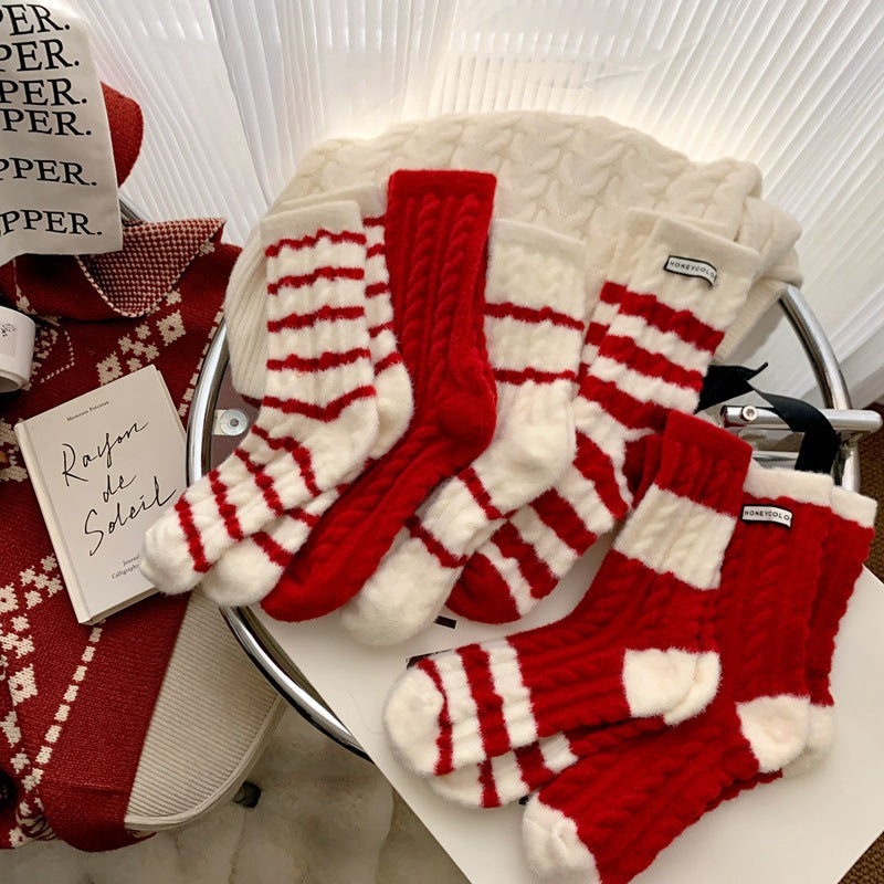 Red Striped Cashmere Blend Warm Mid Calf Christmas Socks