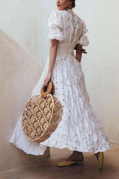 Bubble Sleeve Lace Hollow maxi dress