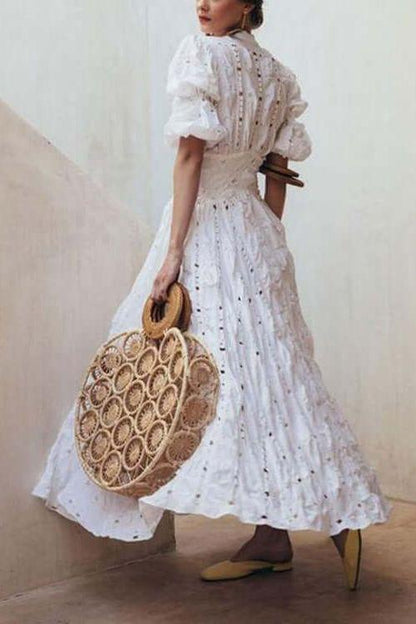 Bubble Sleeve Lace Hollow maxi dress