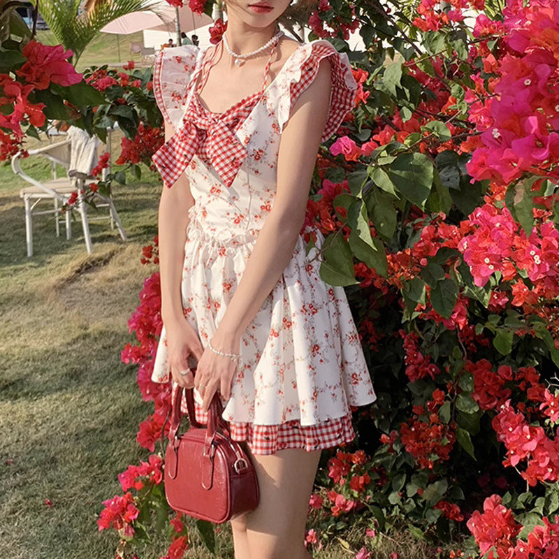 Flying Sleeve Floral Plaid Dress