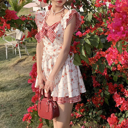 Flying Sleeve Floral Plaid Dress