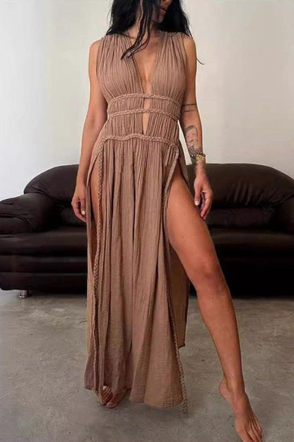 Braided Belt Hollow Slit Long dress